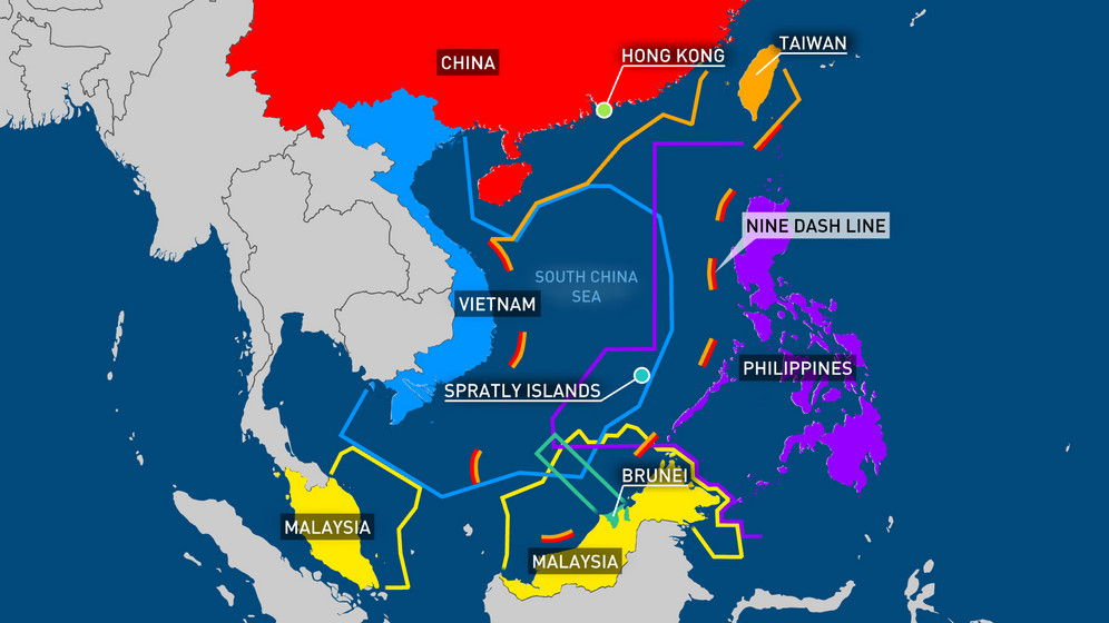 Competing claims on territorial waters in South China Sea, © RTD Map of Asian country territorial water claims in South China Sea, including China’s Nine Dash Line
